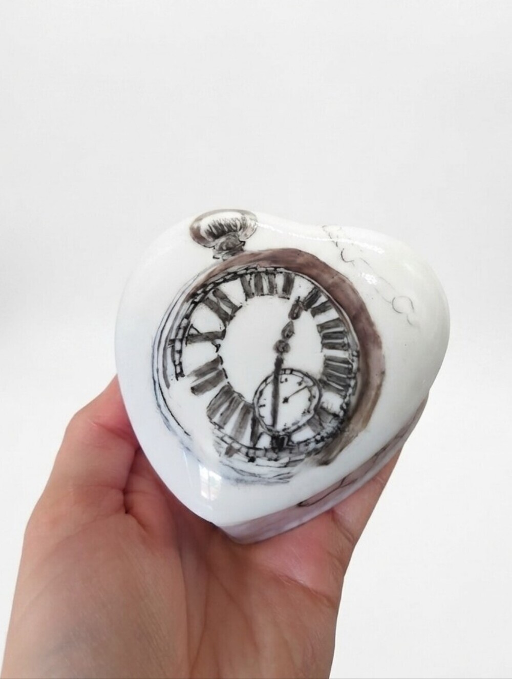 Vintage Heart Shaped Porcelain Trinket Box Pocket Watch Design Jewelry Holder